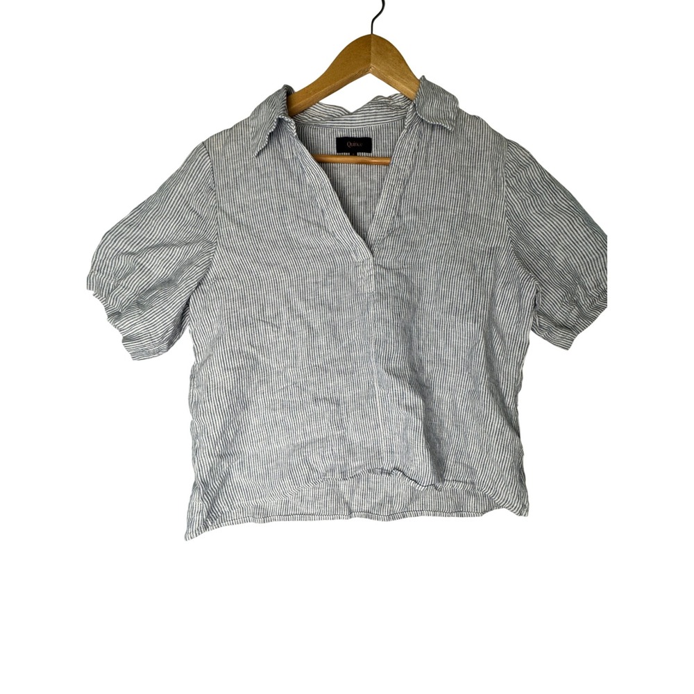 Quince 100% Linen Short Sleeve Striped Polo Shirt Blue White Size S